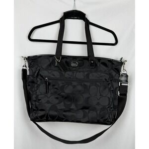 COACH Black Signature Nylon Diaper Bag Messenger Tote F77577 Changing Pad Trendy